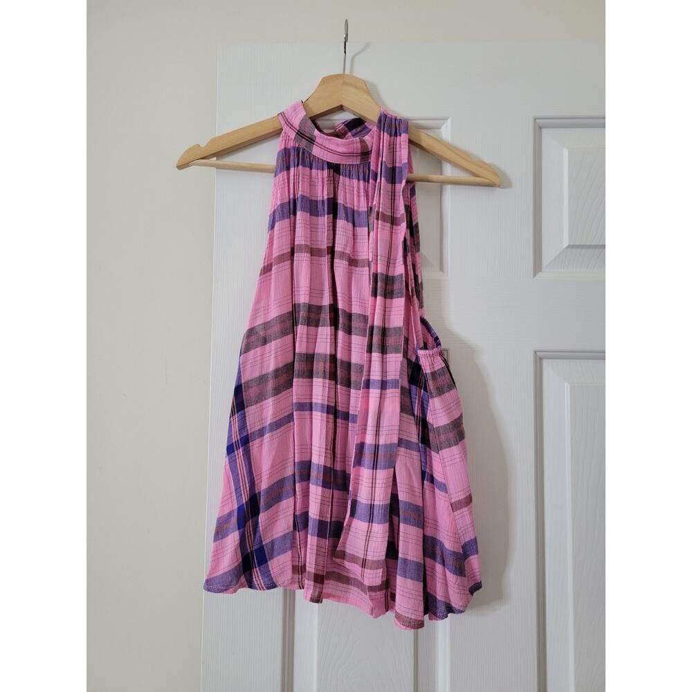 Apiece Apart - Solazure Plaid Tie Neck Tank Blouse S Pink
